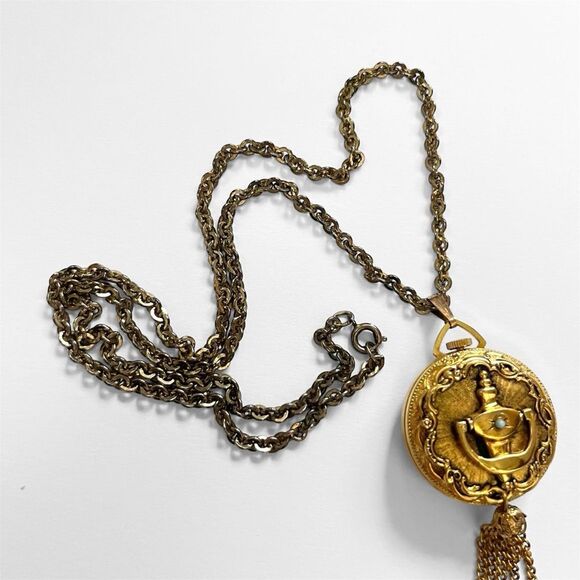 Vintage Lucerne Swiss Made Gold Ornate Tassel Pocket Watch Pendant Necklace